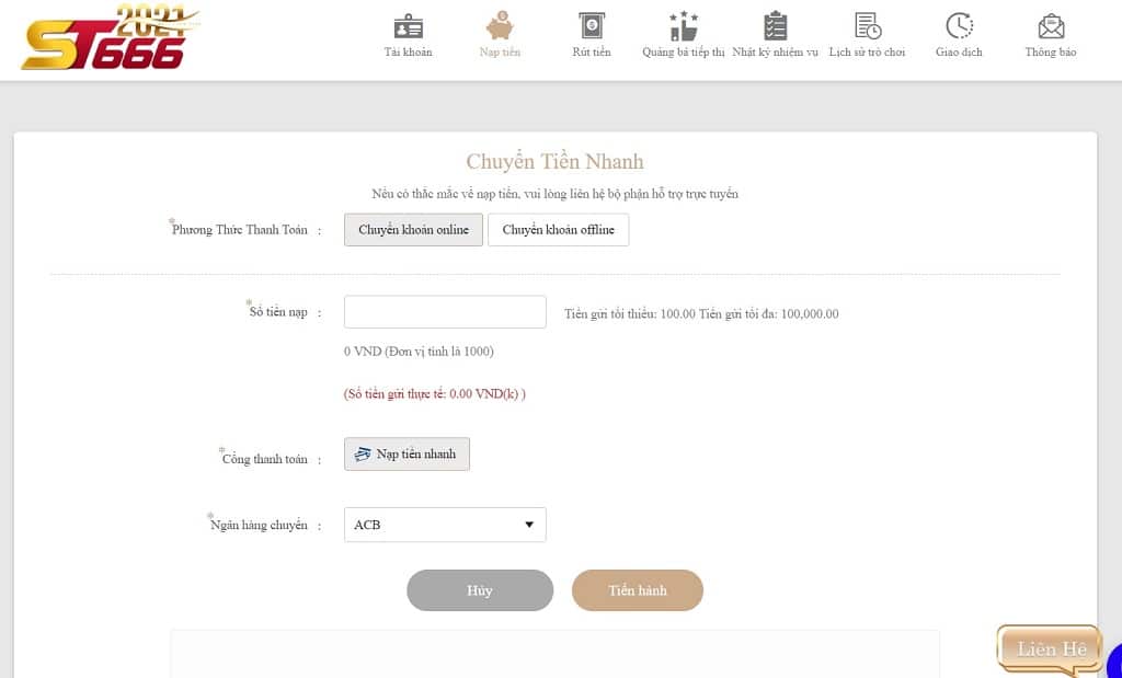 Nạp tiền bằng phương thức chuyển tiền online của KUBET