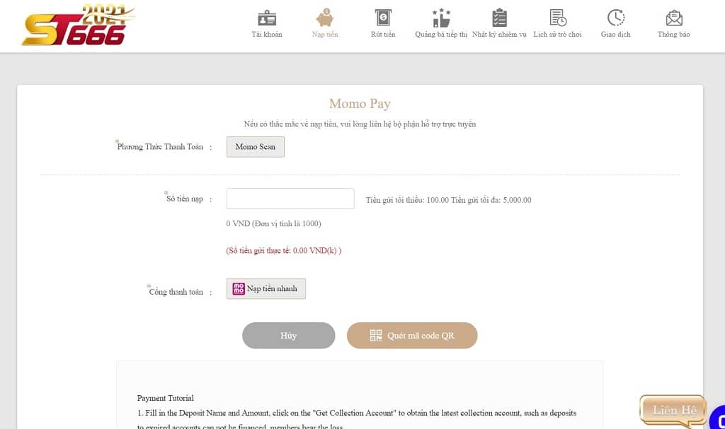 Nạp tiền bằng phương thức chuyển tiền Momo Pay của KUBET